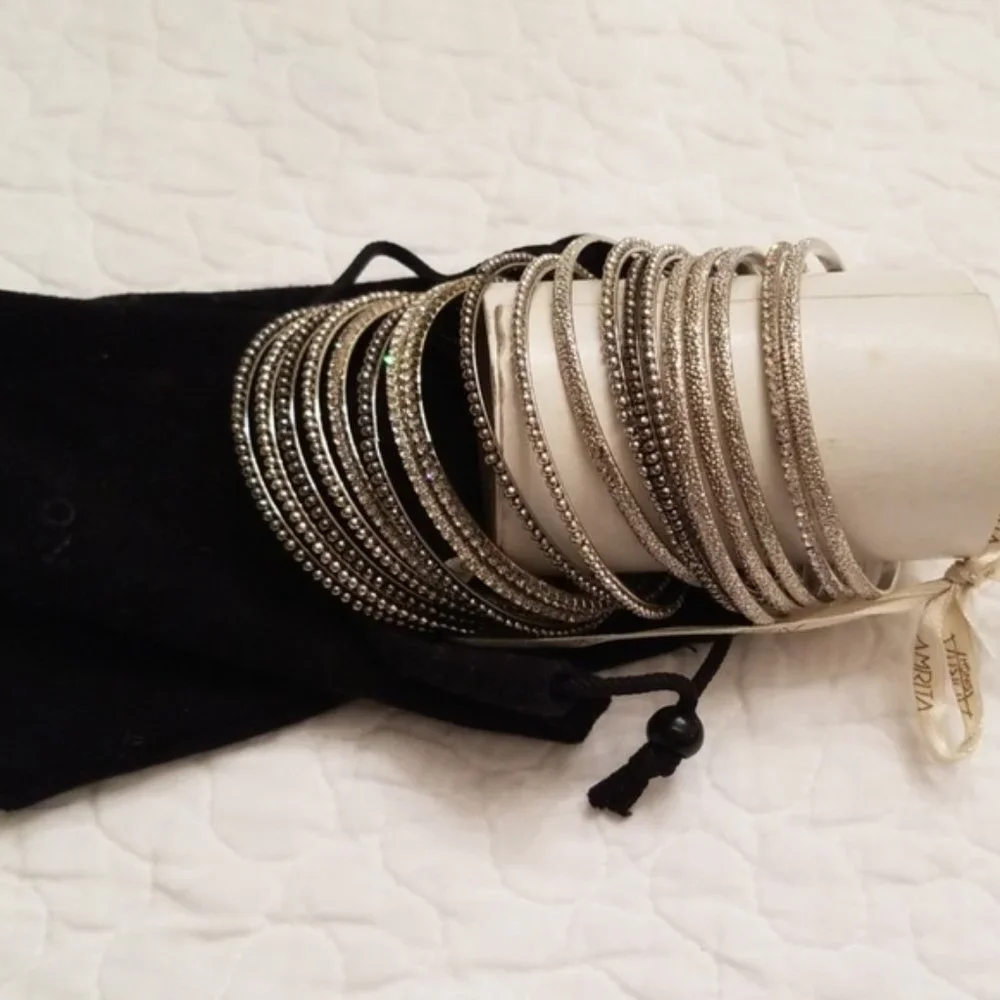 AMRITA SINGH stack bangle set of 19. Silver, Gun Metal & Austrian Crystals.